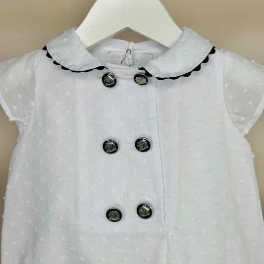 White Plumeti Romper With Navy Detailing