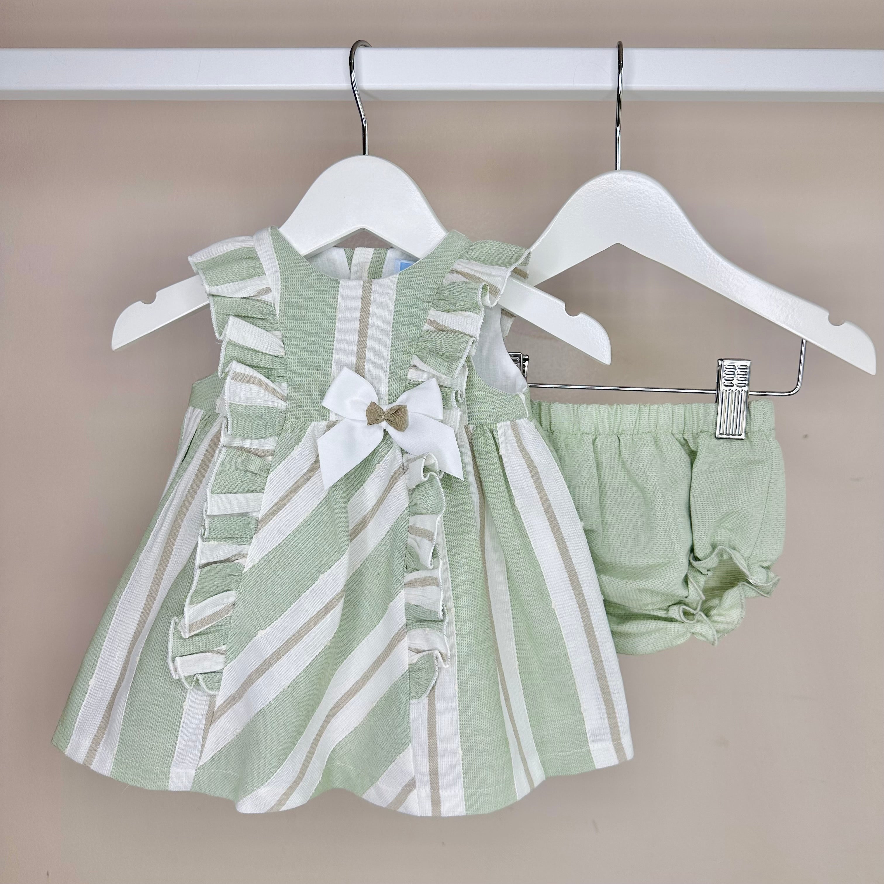 Girls Pale Green Striped Dress & Bloomers main image 1