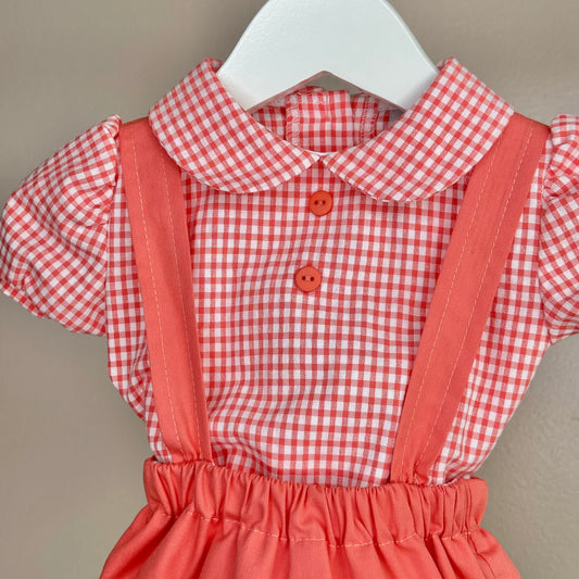 Coral Gingham Dungaree Romper Set
