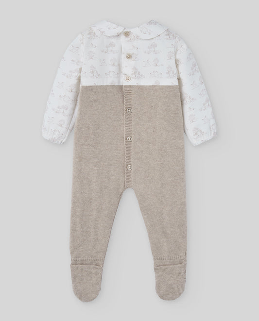 Beige Cotton & Cashmere Toile de Jouy Babygrow