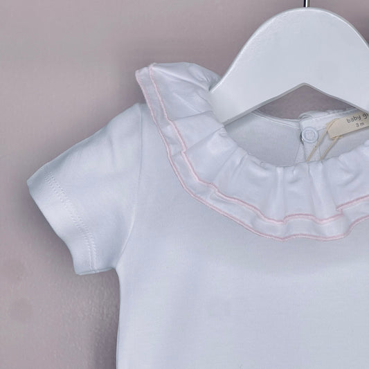 White Frill Collar Bodysuit With Pink Stitching