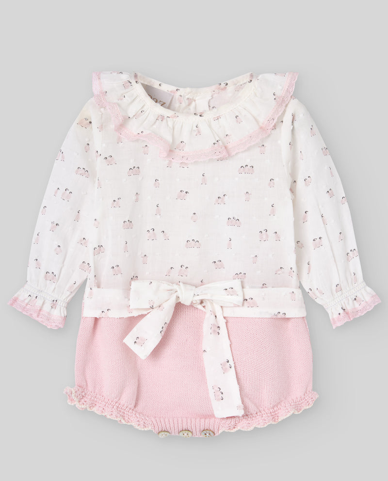 Pink Penguin Print Half Knit Romper