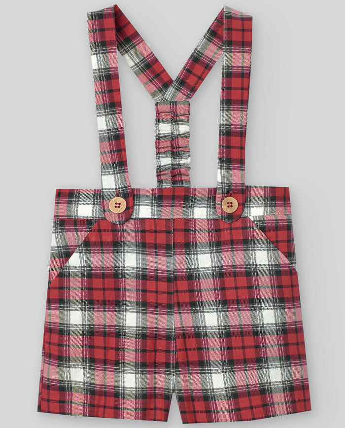 Red & Navy Tartan Dungaree Shorts