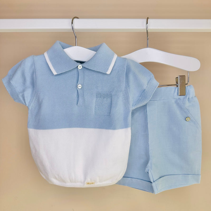 Blue Knitted Polo & Linen Shorts Set