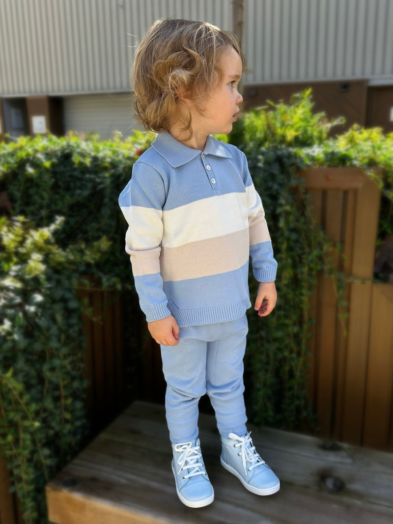 Blue, Beige & White Striped Polo Tracksuit