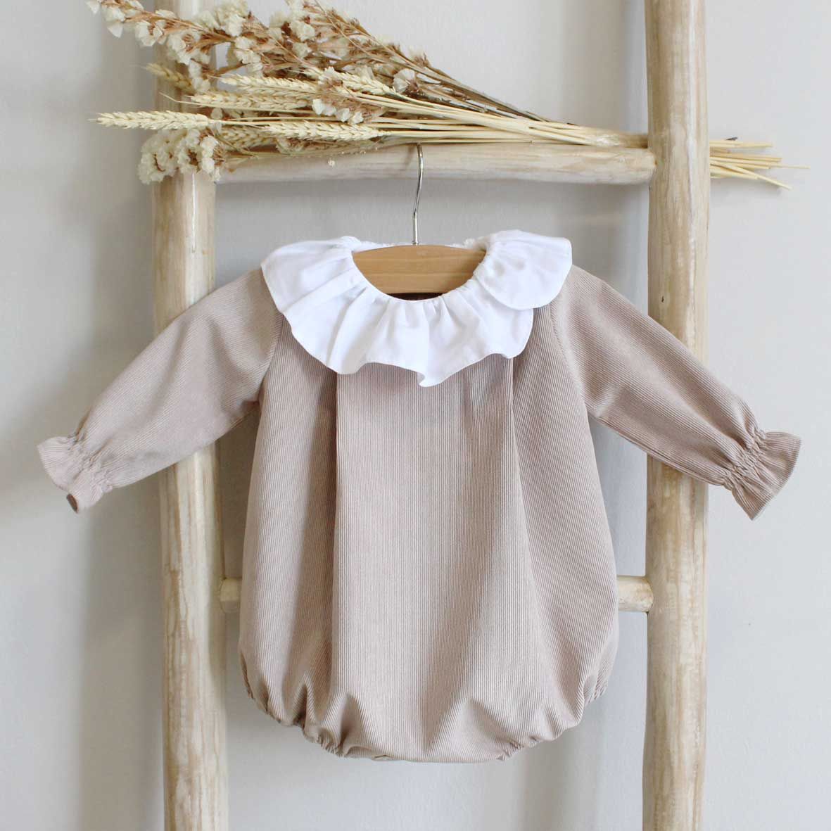 Beige Frilled Corduroy Romper