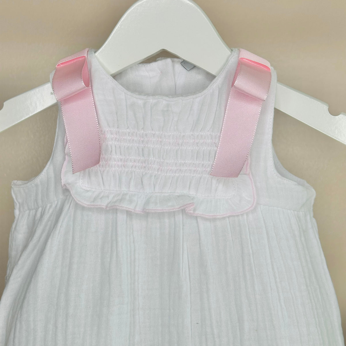 White Cheesecloth Shortie Romper With Pink Bows
