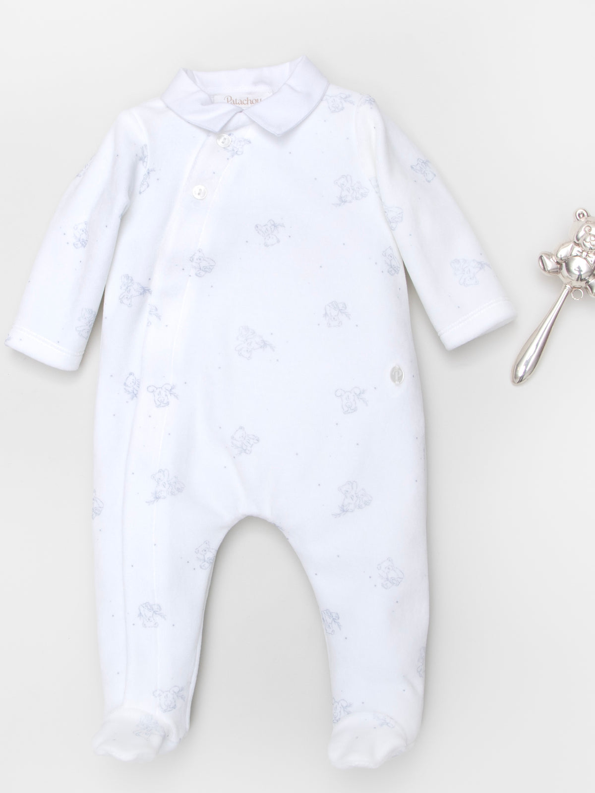 White Velour Babygrow With Blue Teddy Bears