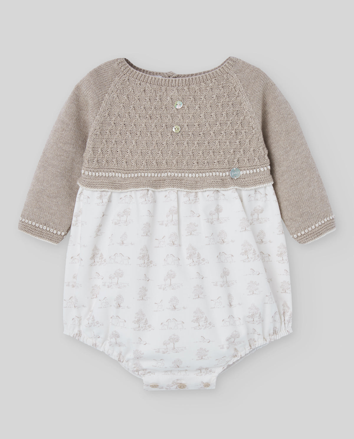 Beige Cotton & Cashmere Toile de Jouy Romper