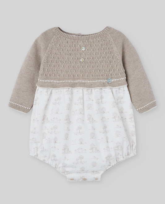 Beige Cotton & Cashmere Toile de Jouy Romper