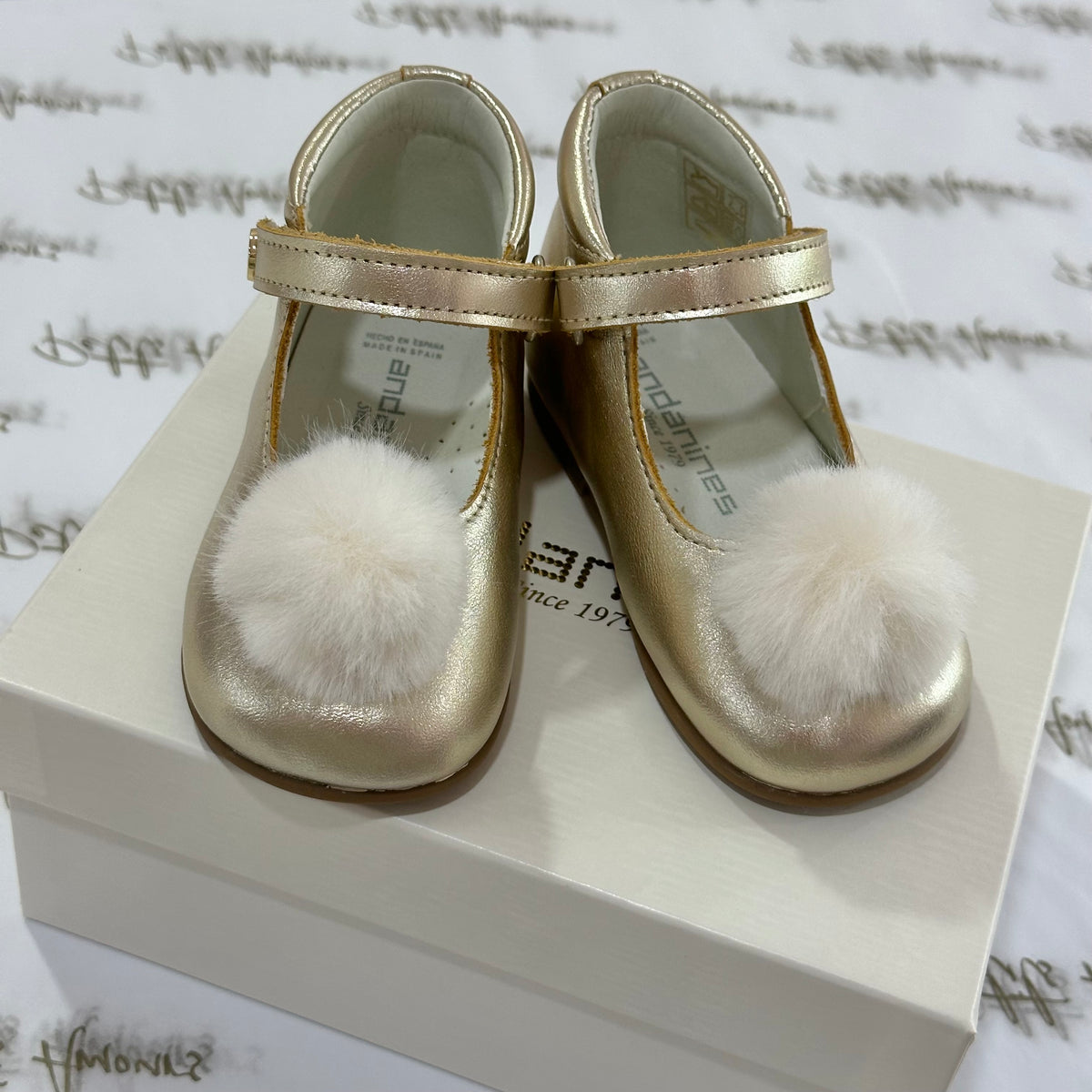 Gold Leather Shoes With Pom