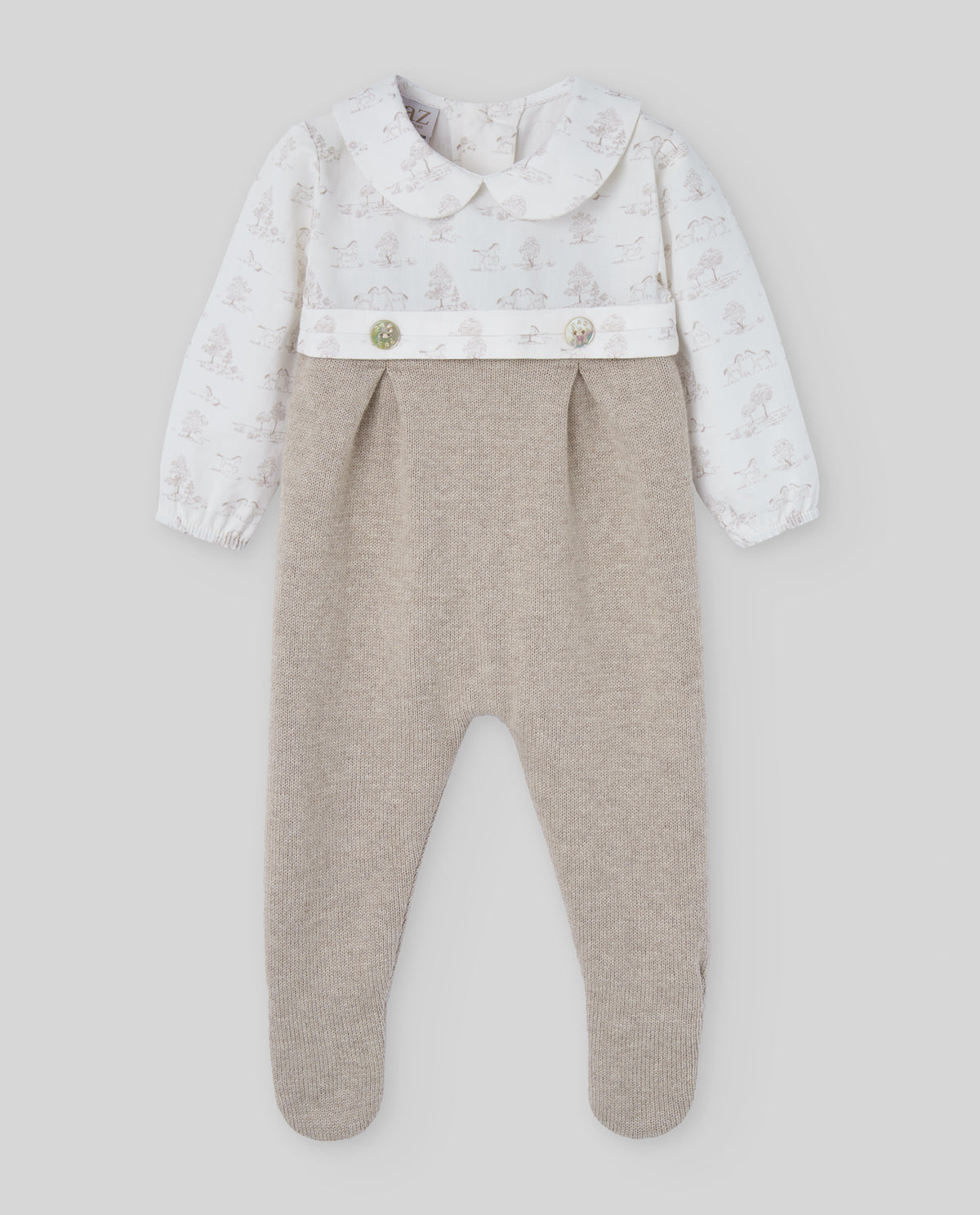 Beige Cotton & Cashmere Toile de Jouy Babygrow