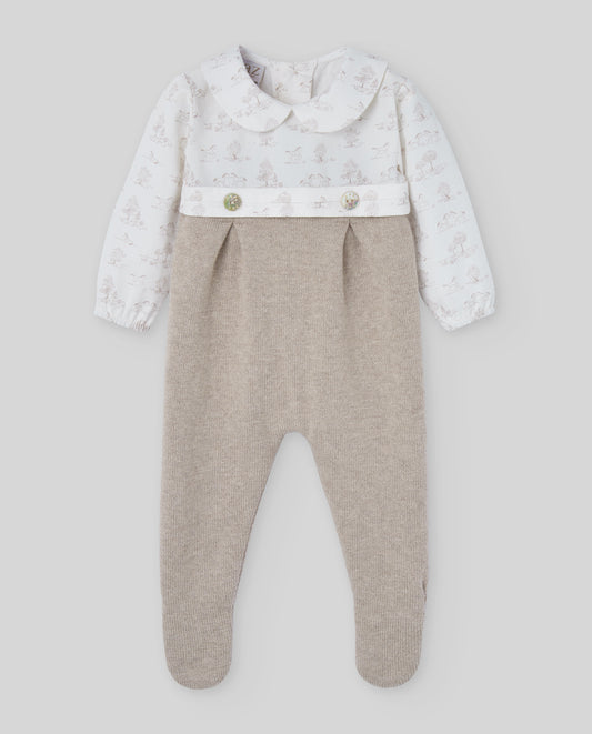Beige Cotton & Cashmere Toile de Jouy Babygrow