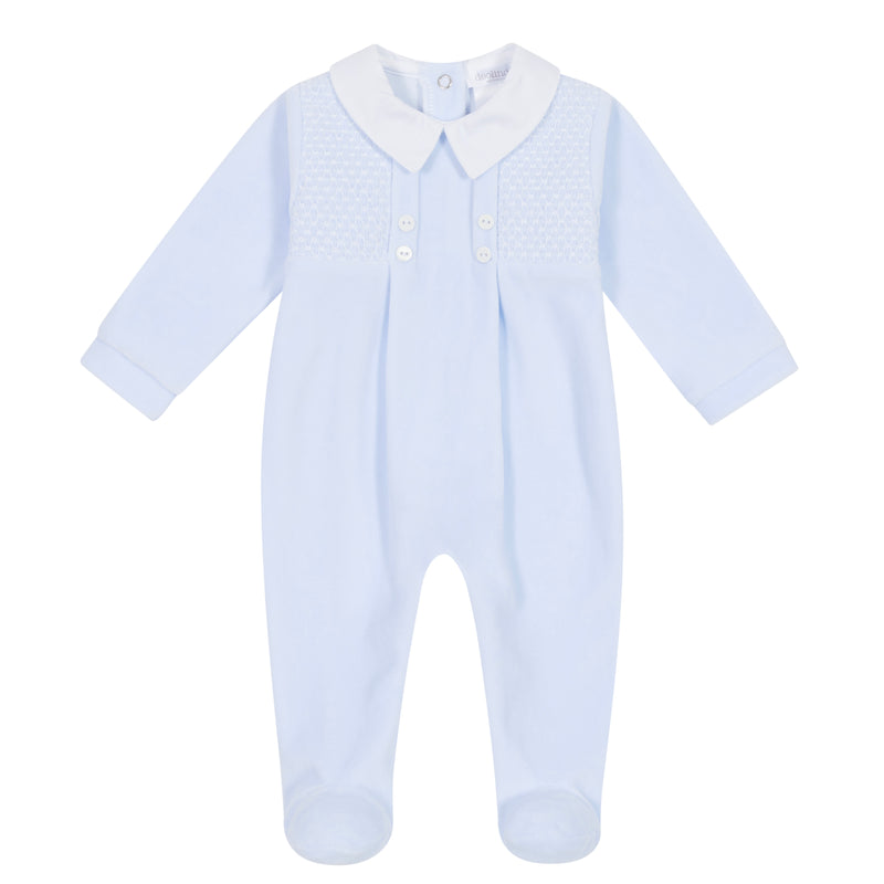 Blue Smocked Velour Babygrow