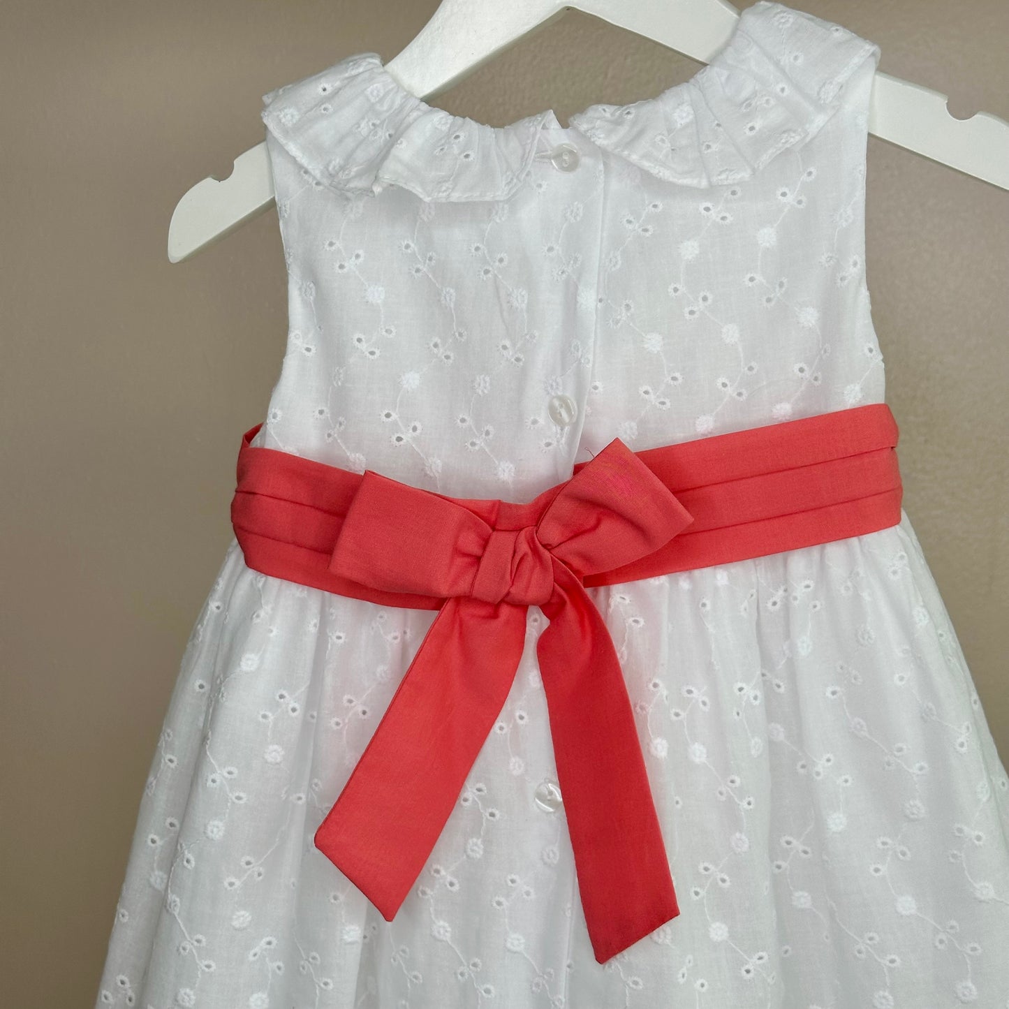 White Broderie Dress With Coral Sash