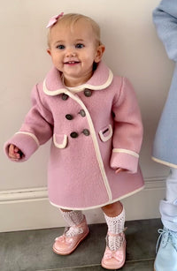 Girls Pink Marae Coat With Cream Trim