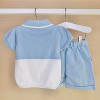 Blue Knitted Polo & Linen Shorts Set