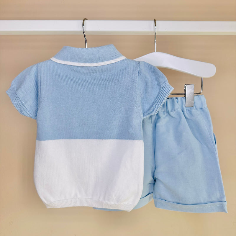 Blue Knitted Polo & Linen Shorts Set