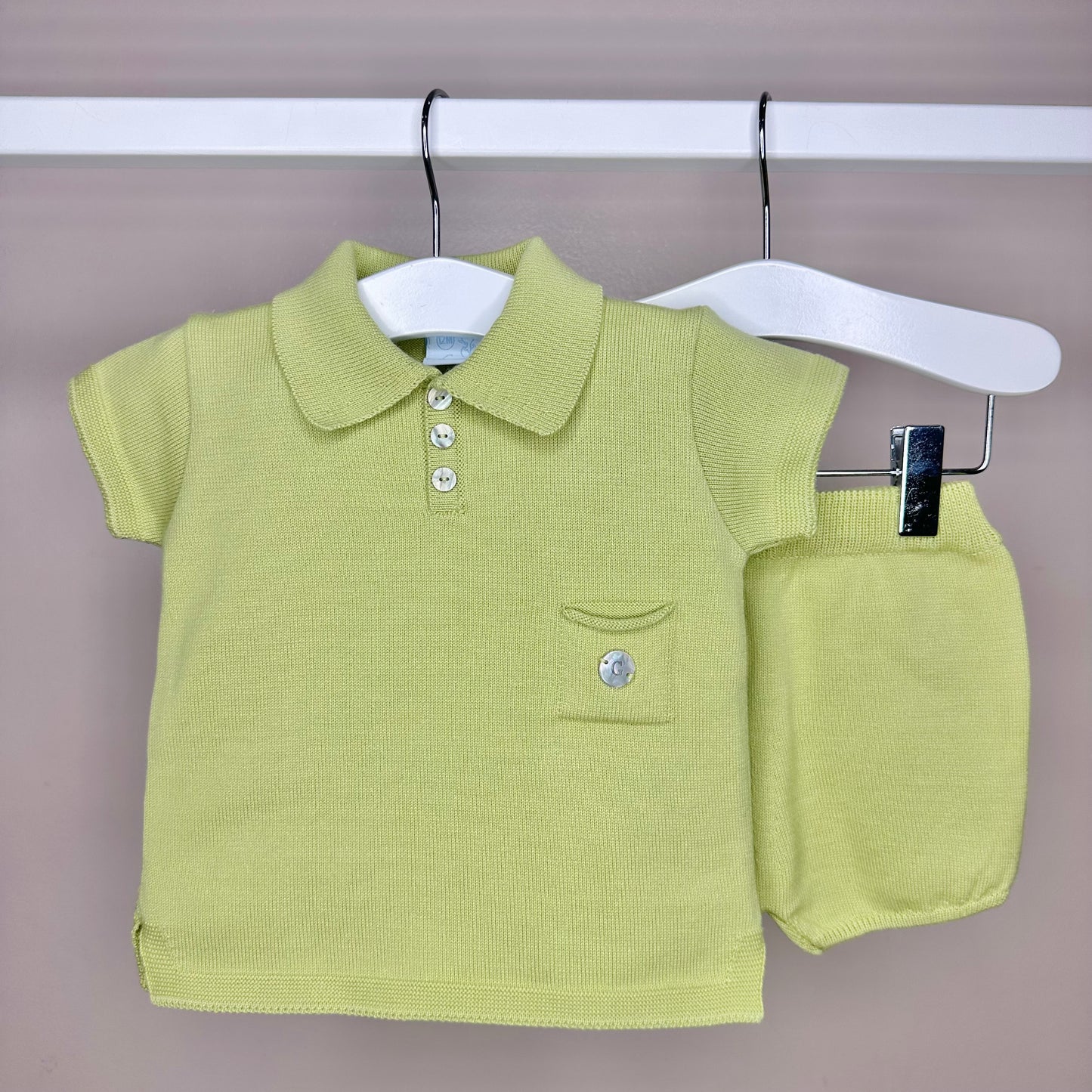 Olive Green Knitted Polo Shorts Set