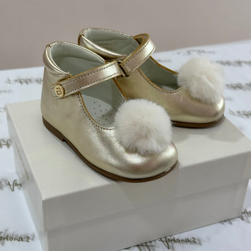 Gold Leather Shoes With Pom