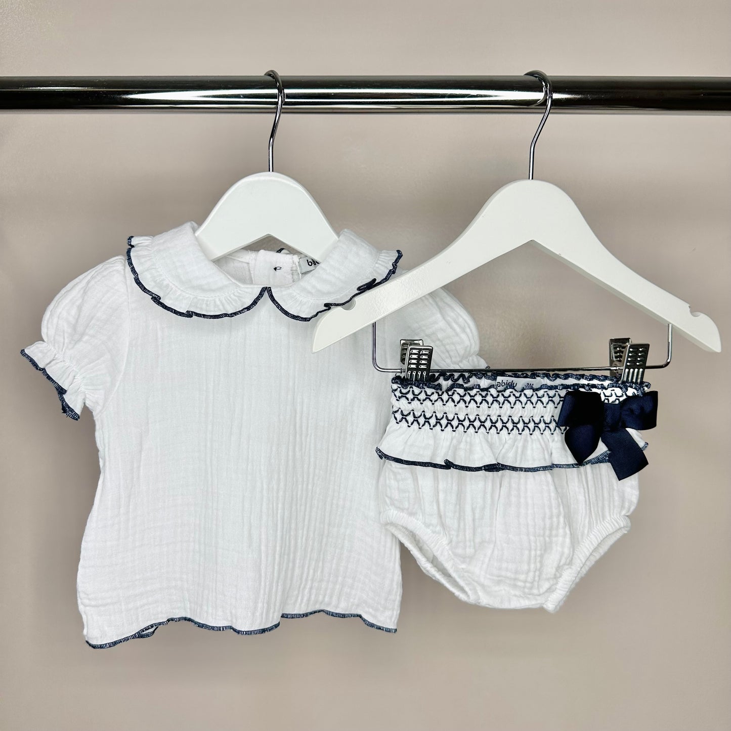 White & Navy Smock Pant Set