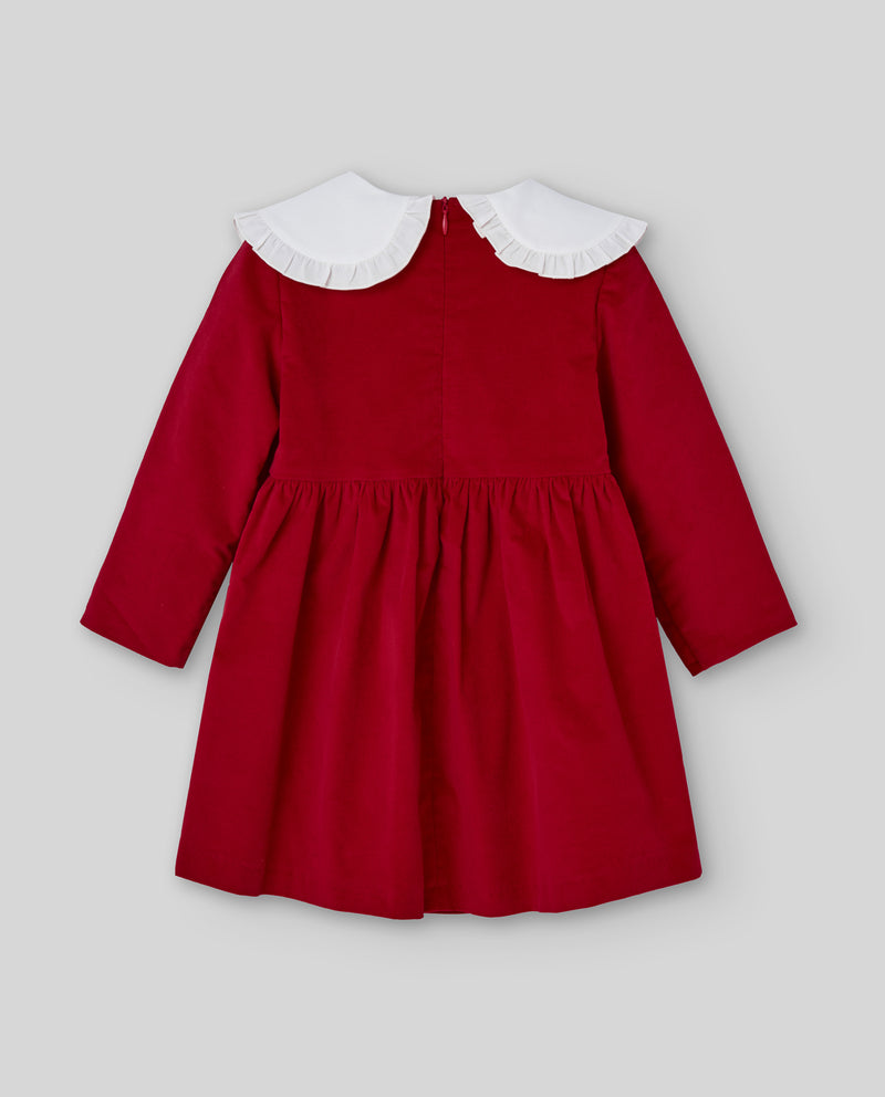 Red Velvet Dress with Embroidered Cherry Collar