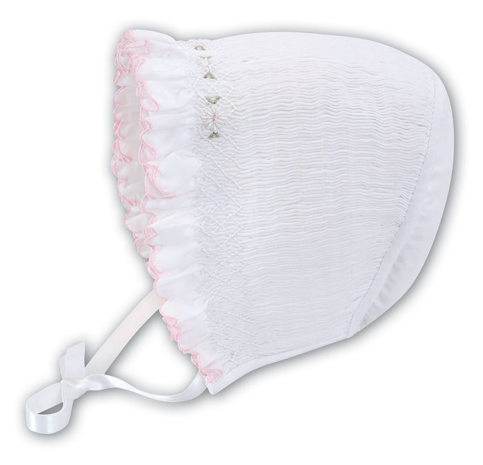 White & Pink Floral Smocked Bonnet