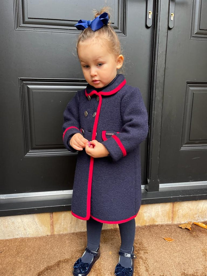 Girls Navy Marae Coat With Red Trim