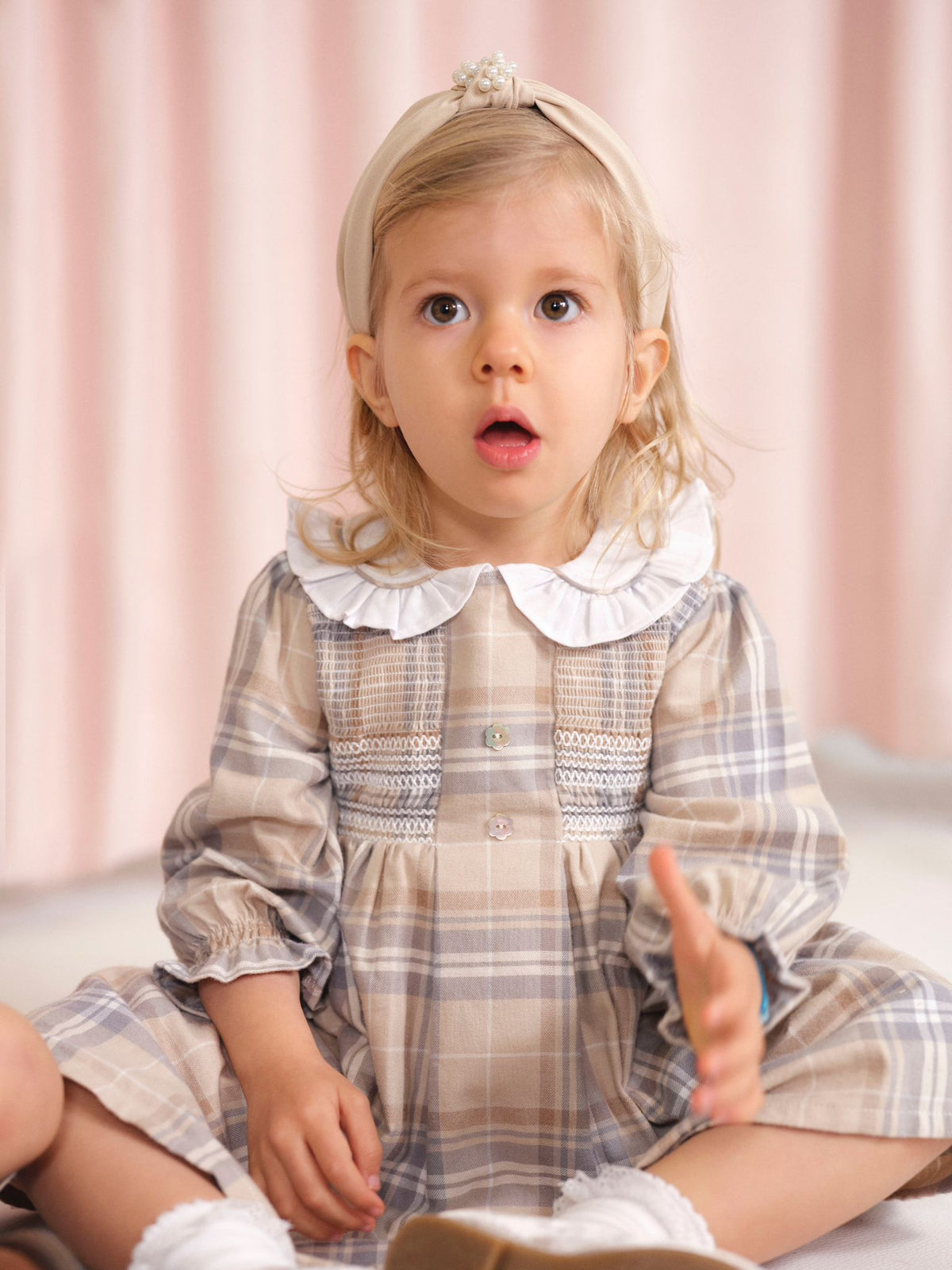 Beige & Grey Check Dress