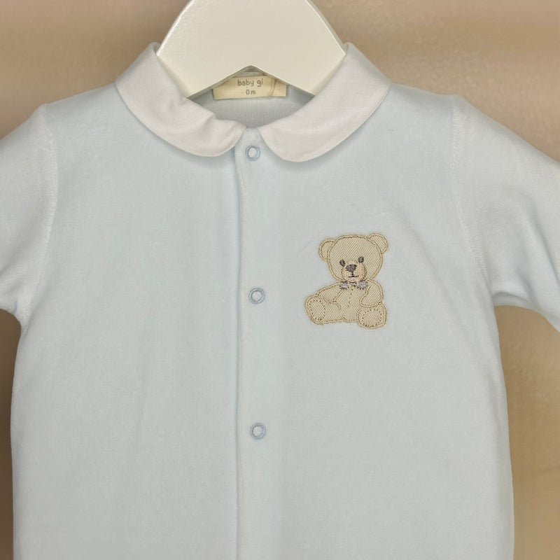 Blue Teddy Velour Babygrow