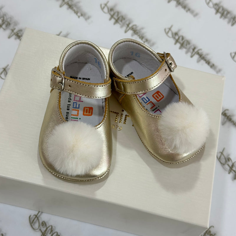 Gold Leather Pram Shoes With Pom