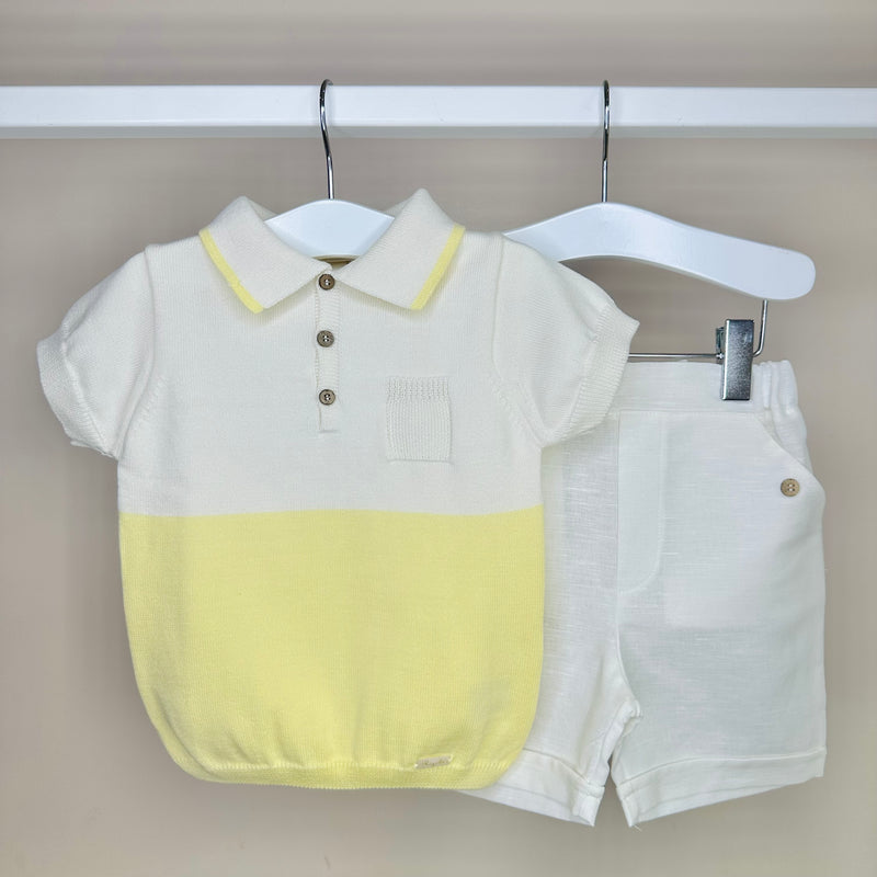 Lemon & Cream Knitted Polo & Linen Shorts Set