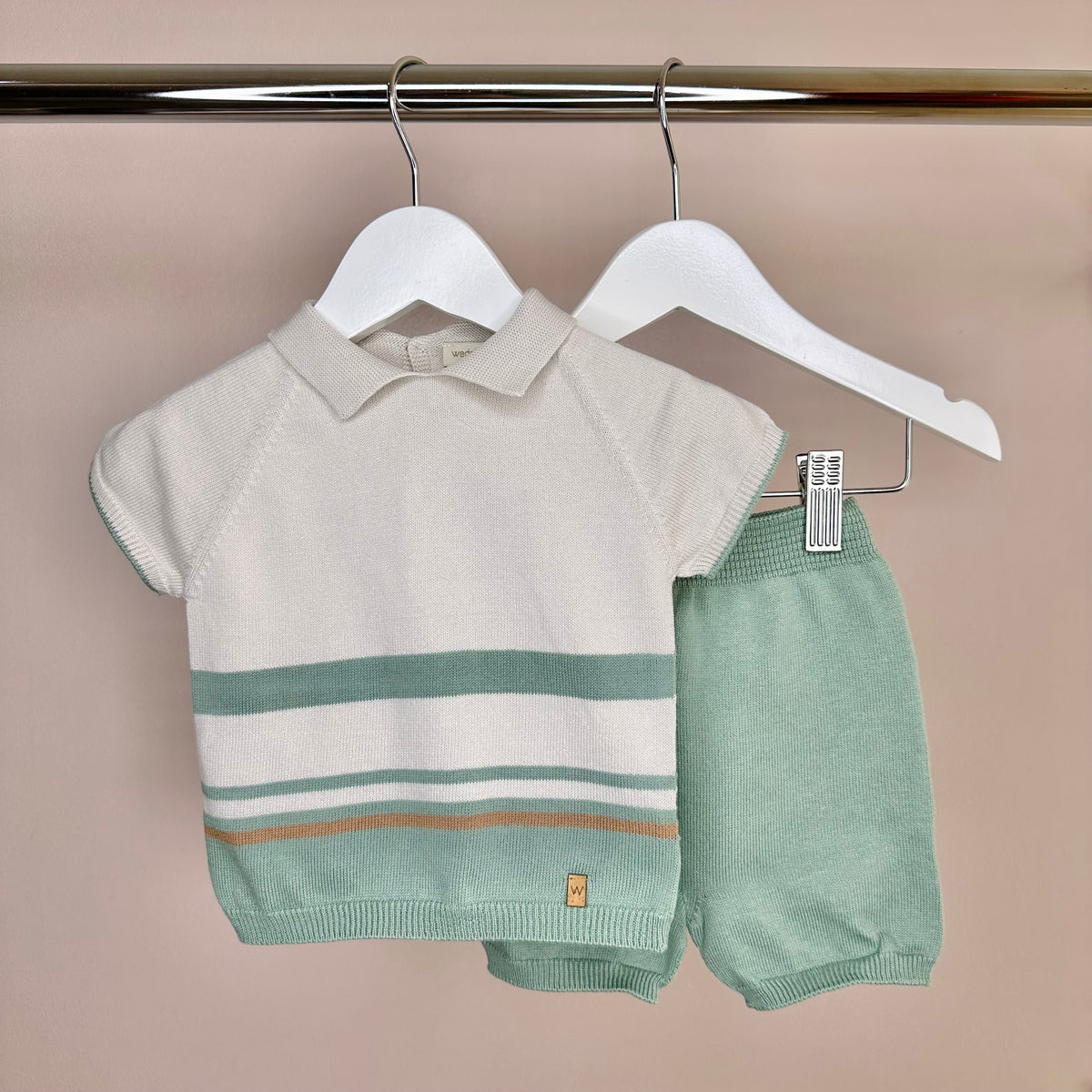 Beige & Green Stripe Knitted Classic Polo Set
