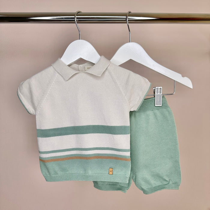 Beige & Green Stripe Knitted Classic Polo Set