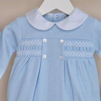 Blue Cotton Knit Smocked Romper