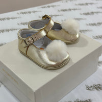 Gold Leather Pram Shoes With Pom