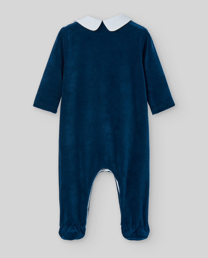 Navy Velour Embroidered Cherry Babygrow