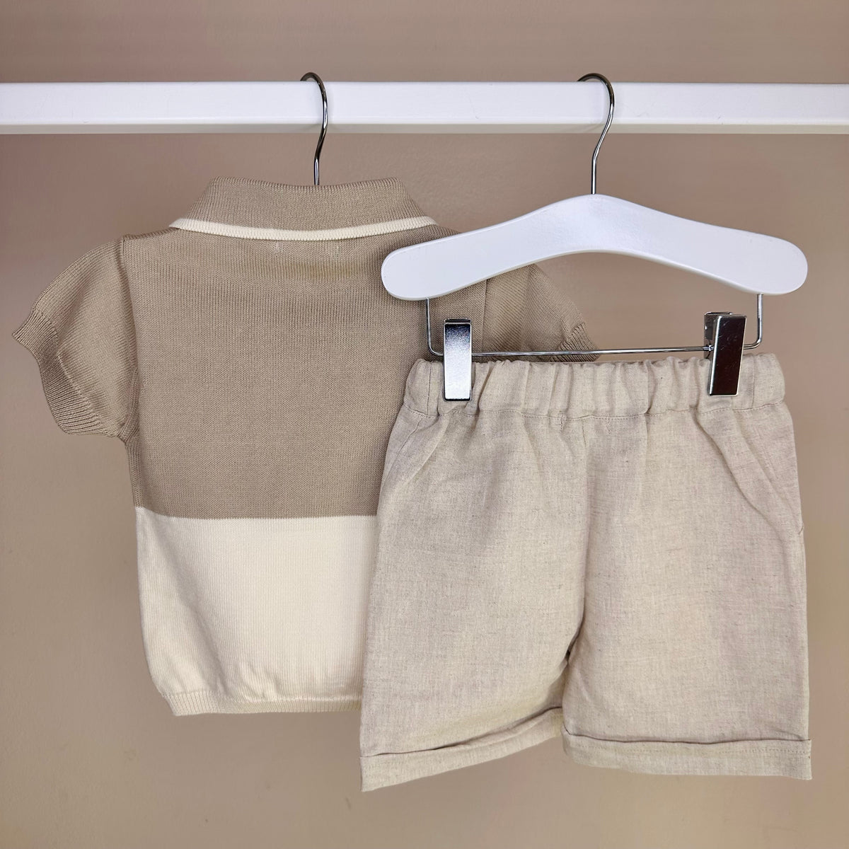 Beige & Brown Knitted Polo & Linen Shorts Set