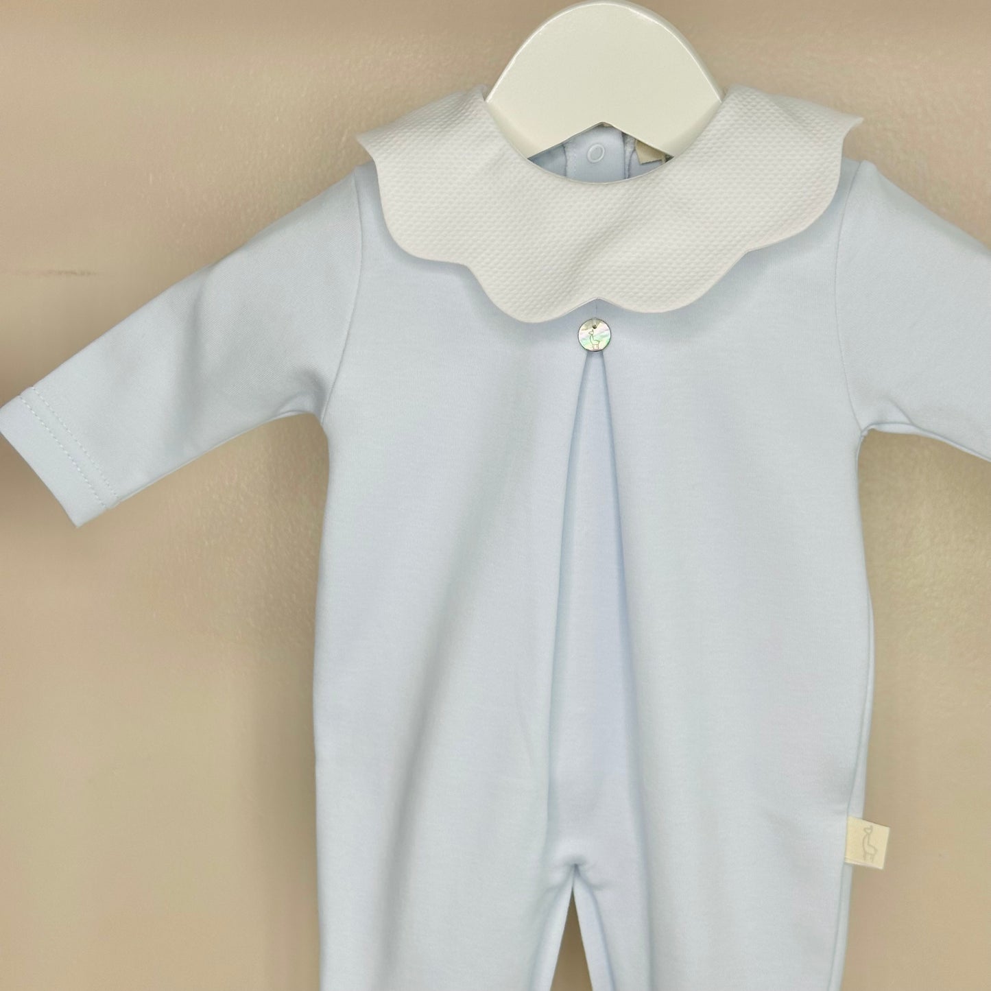 Blue & White Velour Scallop Collar Babygrow