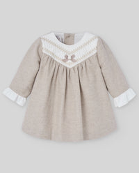 Beige Brushed Cotton Smocked Dress