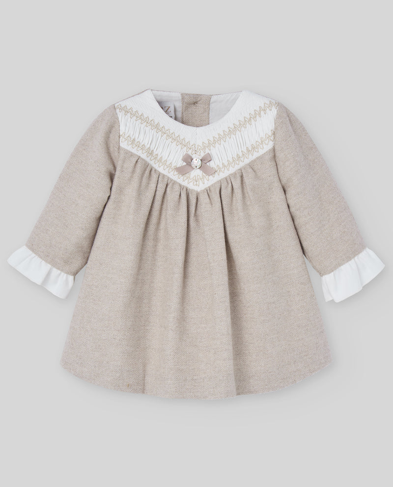 Beige Brushed Cotton Smocked Dress