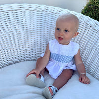 White Romper With Blue Smocking