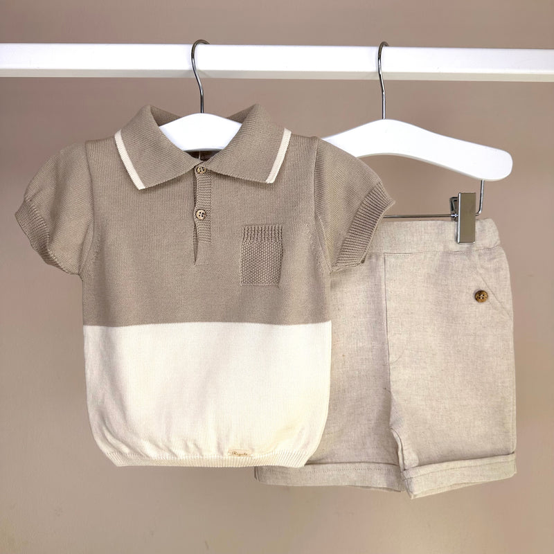 Beige & Brown Knitted Polo & Linen Shorts Set