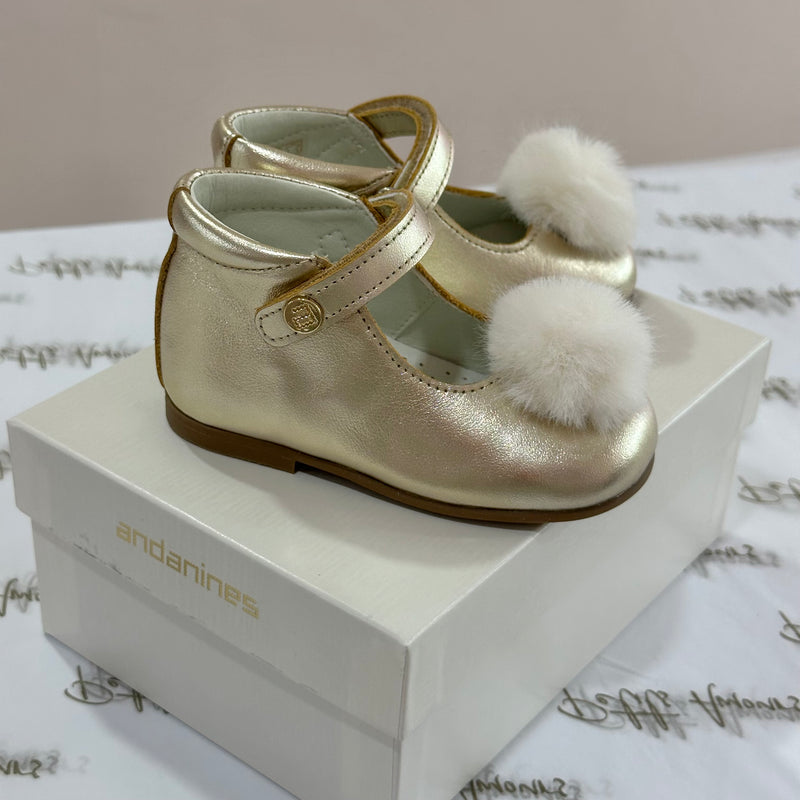 Gold Leather Shoes With Pom