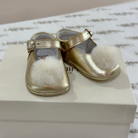 Gold Leather Pram Shoes With Pom