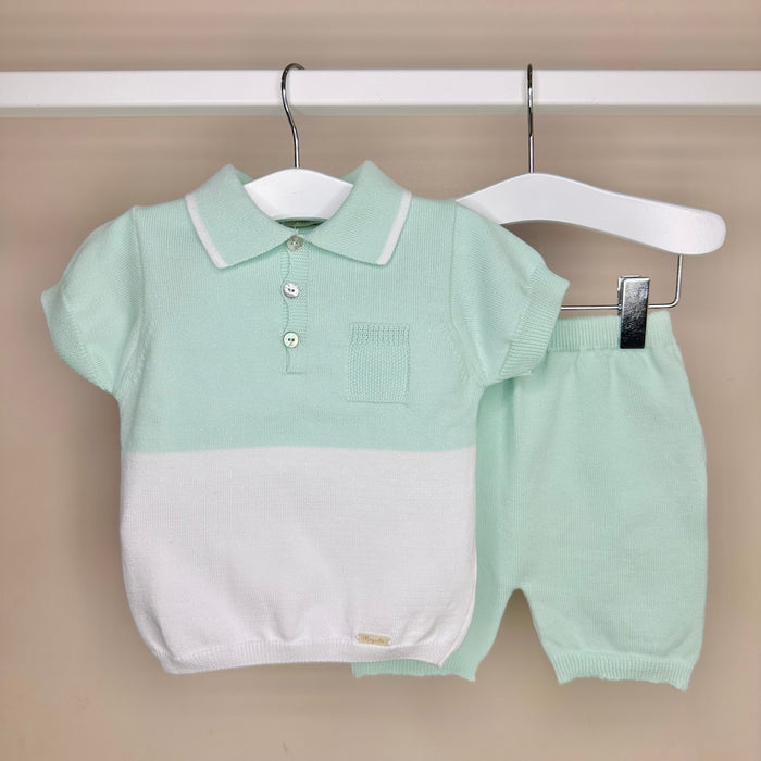 Mint & White Knitted Polo Shorts Set