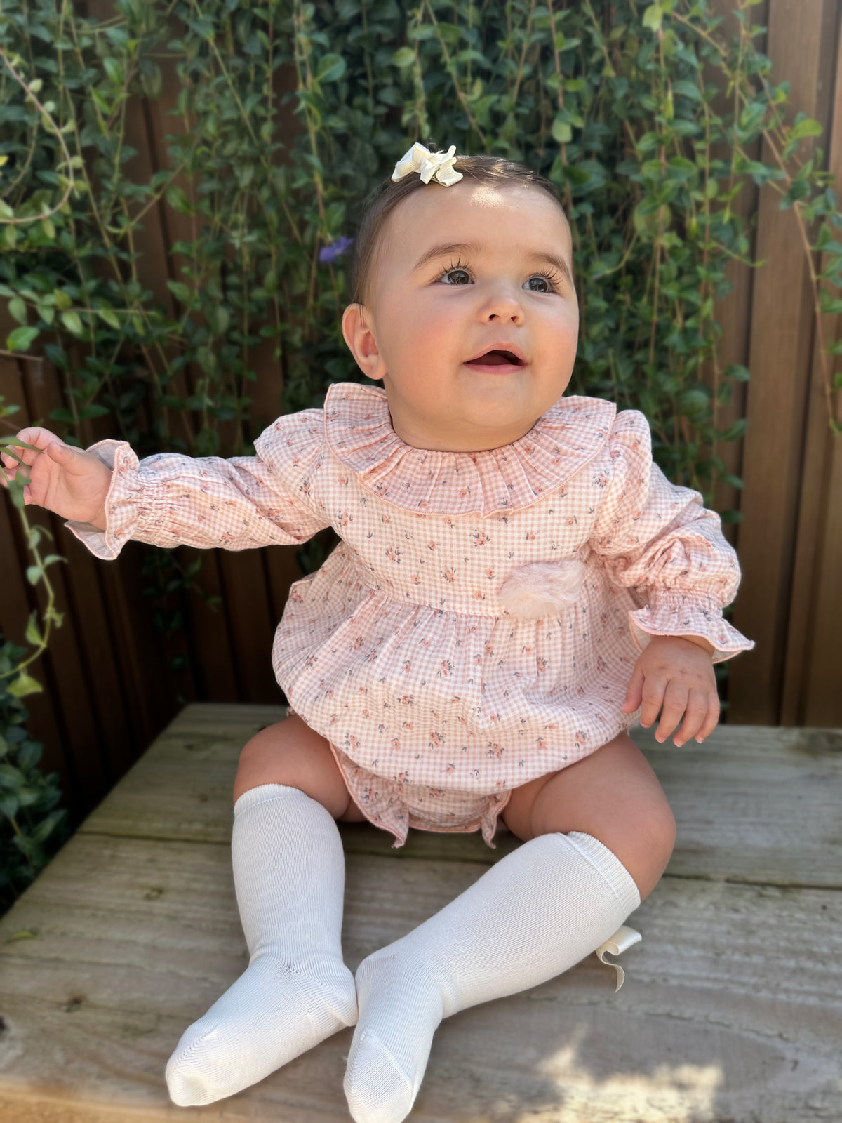 Peach Floral Romper With Poms