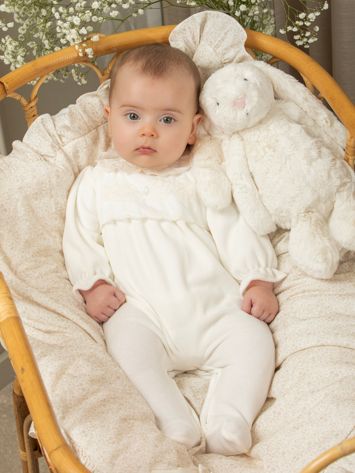 Ivory Embroidered Velour Babygrow