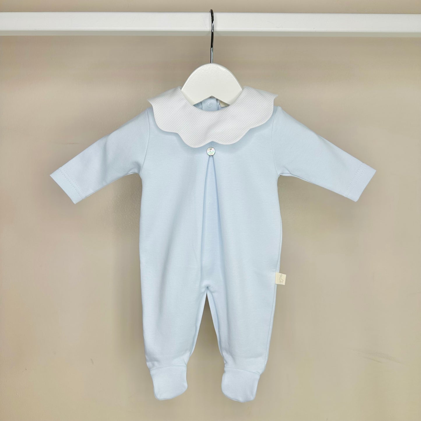 Blue & White Velour Scallop Collar Babygrow