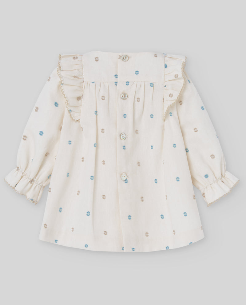 Ivory Dress with Blue & Beige Spots